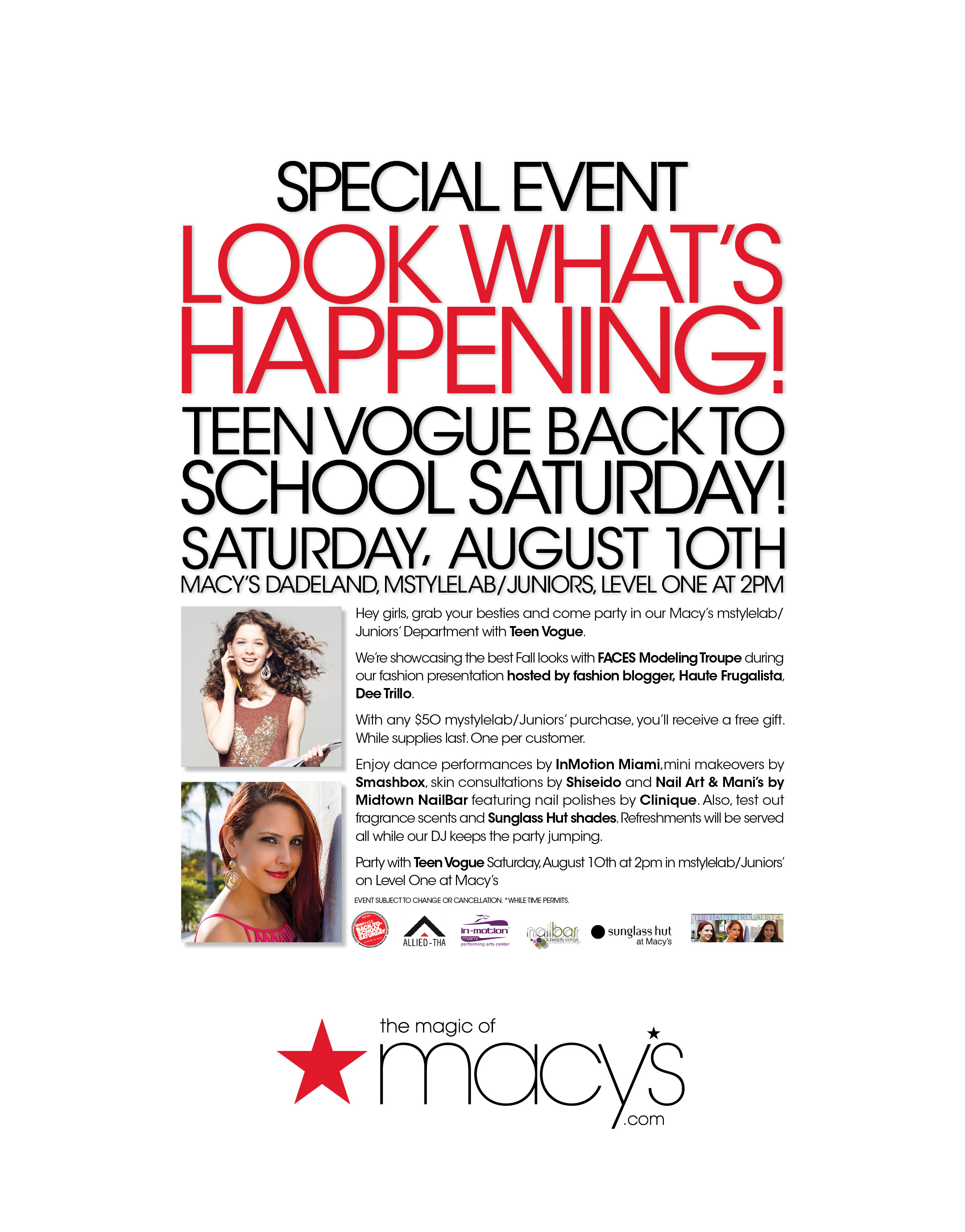 Teen Vogue Back To School Saturday at Dadeland Macy's August 10th